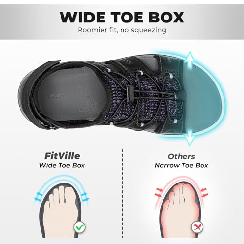 FitVille Women's Orthopedic Wide Sandals with Arch Support Breathable Adjustable Strap Comfortable Walking Sandals For Plantar Fasciitis, Swollen Feet 11 Wide Black