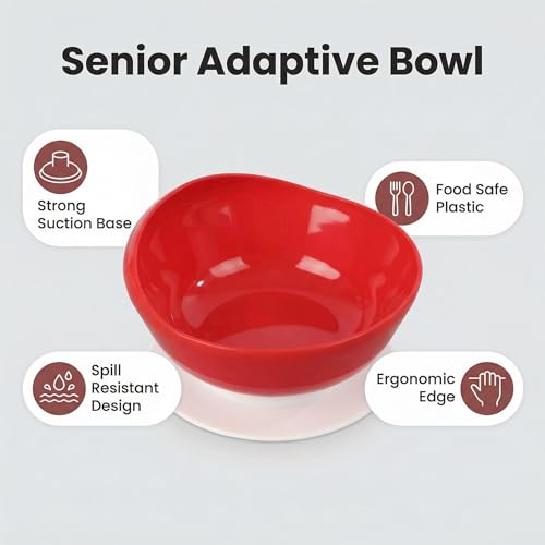 Non-Skid Suction Base Plates & Bowls Set, Adaptive Spill Proof Scoop Dinnerware for Elderly, Disabled, Parkinson’s, Dementia – Self-Feeding Aid，Red (Bowl+Plate) Red(bowl+plate)