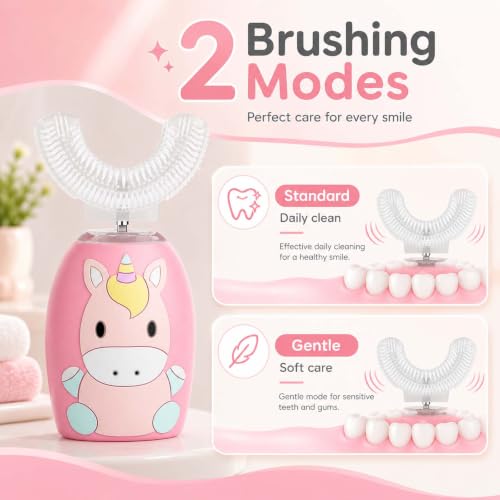 U Shaped Toothbrush for Kids, Automatic Electric Toothbrush with 4 Brush Heads, 360° Full Mouth Cleaning Toothbrush for Children, 2 Modes Rechargeable Kids Toothbrush with Cartoon Design Pink
