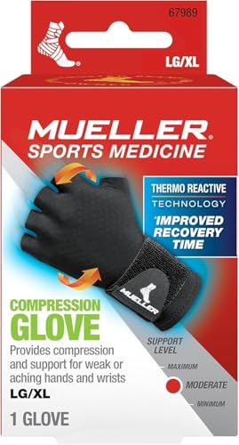 Mueller Sports Medicine Reversible Compression Glove for Men and Women, Hand & Wrist Pain Relief Support, Ideal for Carpal Tunnel, Arthritis, Fits Right or Left, Black Large-X-Large