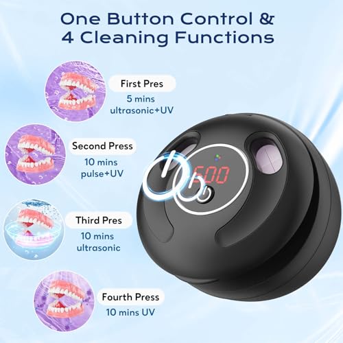 Ultrasonic Retainer Cleaner(2026 Upgraded), 45kHz Cleaning Machine for Dentures, Mouth Guards, Braces, Toothbrush & Jewelry, 200ML Denture Cleaner with 4 Modes for Dental Care Dark Black