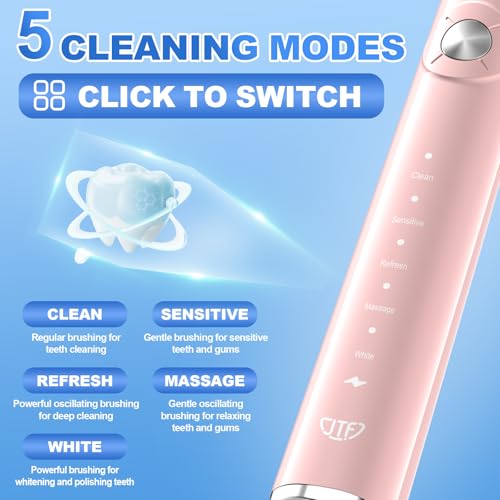 JTF Electric Toothbrush for Adults with 5 Professional Modes & Smart Timer Pink