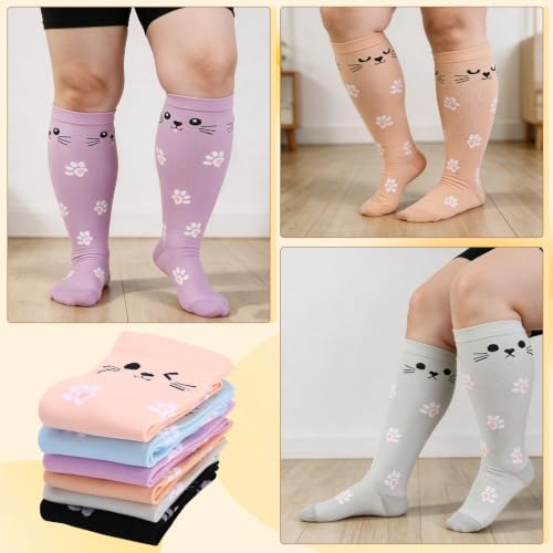 Jspupifip 6 Pairs Plus Size Compression Socks for Women, Wide Calf 4X-Large Black, Gray, Blue, Purple, Pink, Khaki