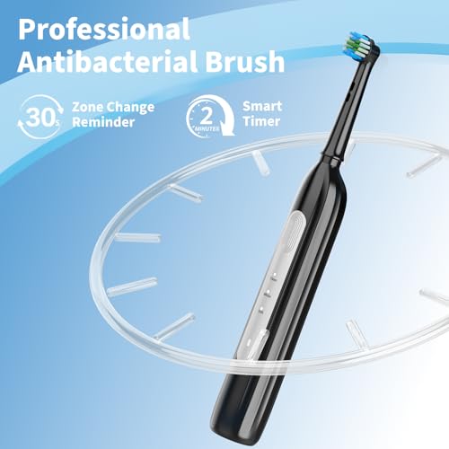 Rotating Electric Toothbrush - 3 Cleaning Modes, Smart Memory & 2-Minute Timer, Type-C Rechargeable Sonic Toothbrush with Low Battery Alert, Includes 8 Replacement Brush Head (Black) Black