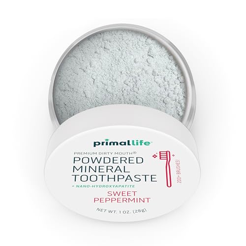 Primal Life Organics - Dirty Mouth Toothpowder, Tooth Cleaning Powder, Flavored Essential Oils with Natural Kaolin & Bentonite Clay, Good for 200+ Brushings, Organic, Vegan (Sweet Peppermint, 1 oz) Sweet Peppermint 1 Ounce (Pack of 1)