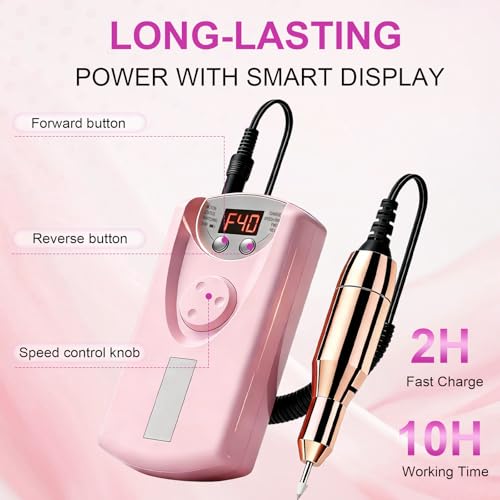 Professional Electric Nail Drill Kit 40000 RPM,Portable Nail Drill Electric File Cordless with 12 Drill Bits,Rechargeable Nail Drills Machine for Acrylic Gel Polishing Manicure at Home DIY Salon