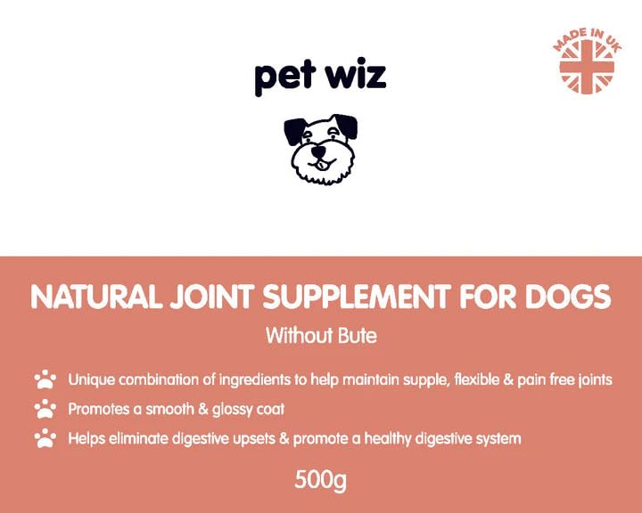 pet wiz Natural Joint Supplement for Dogs, without Bute, Promotes Healthy Joints & Skin, 500g, Made in UK.
