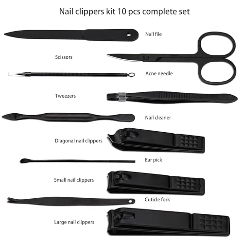 Glamne Manicure Set Nail Clippers Kit Professional Stainless Steel Nail Care Tools with Leather Travel Case 10 in 1 Black Red