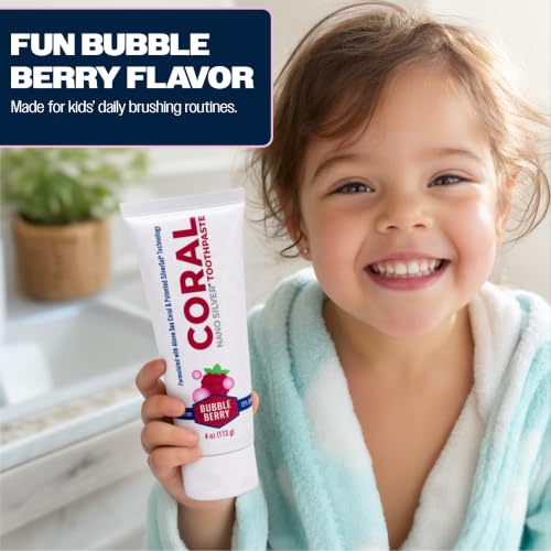 Coral Nano Silver Bubble Berry Kids Toothpaste, Natural Fluoride Free Teeth Whitening Toothpaste, Coral Calcium Nano Silver Infused SLS Free - 4 Ounces (2 Pack) 4 Ounce (Pack of 2)