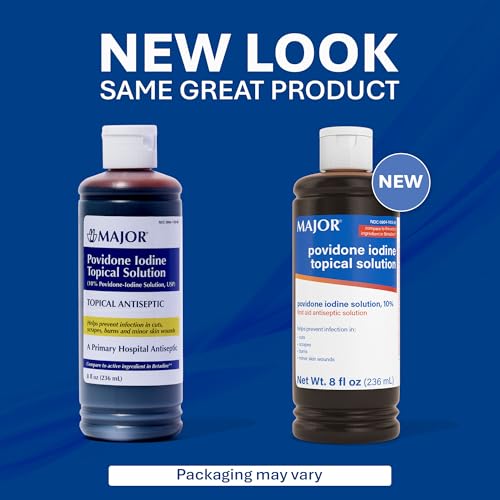 Major 10% Povidone-Iodine Liquid Topical Solution, USP - Topical Antiseptic for Cuts, Scrapes, Burns, and Minor Skin Wounds - 8 Fl. Oz. 8 Fl Oz (Pack of 1)