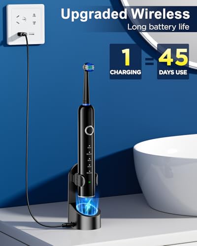 Electric Toothbrush for Adults, 8 Brush Heads (2 Types) & Travel Case, 5 Cleaning Modes Rechargeable Power Toothbrush with 2-Minute Smart Timer, Black