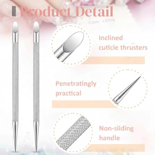 Beavorty Cuticle Pushers 2-Pack Stainless Steel Double-Head Nail Cleaner Remover with Non-slip Handle Gel Fingernails Dead Skin Polish Peeler for Manicure Fingernails Toenails 12.1x0.6x0.5cm