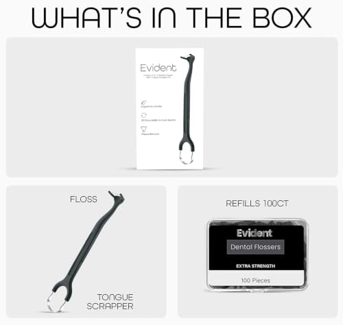 Evident Dental Flosser with Tongue Scraper – 2-in-1 Dental Flosser Kit with 100 Floss Refills – Long Ergonomic Handle for Plaque Removal & Fresh Breath Black 1 Black Handle + 100 Refills