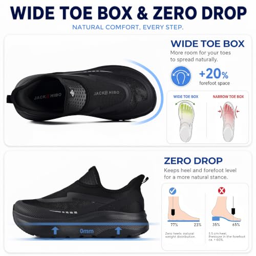 JACKSHIBO Men's Wide Toe Box Slip on Walking Shoes Arch Support Sneakers 9.5 Wide Slip on Black