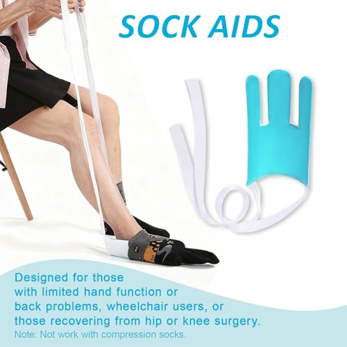 MXCOIRTP Assistive Device No Bending Kit for Elderly -Sock Aids, Foldable Reacher Grabber with 360° Rotating Jaw & Magnet, Long Shoe Horn Handle & Dressing Stick & Back Scratcher for Seniors, Disabled Black & Blue