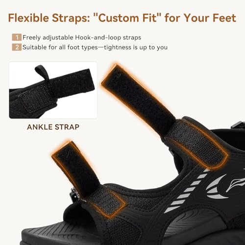 Womens Orthopedic Walking Hiking Sandals with Arch Support for Plantar Fasciitis Relief, Adjustable Strap Quick-Dry Non-Slip Lightweight Summer Outdoor Beach Shoes 8 Black