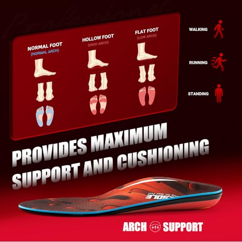 VALSOLE 250+ lbs Plantar Fasciitis High Arch Support Insole for Men Women,Heavy Duty Support Pain Relief Orthotics Insert,Relieve Flat Feet,High Arch,Foot Pain,Standing All Day Boot Work Shoe Insole MEN 10-10 1/2 | WOMEN 12-12 1/2--(290mm) Red