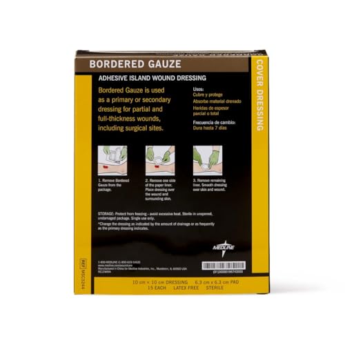 Medline Bordered Gauze, 4" x 4" Adhesive Island Wound Dressing, Sterile, 15 Count 15 Count (Pack of 1)
