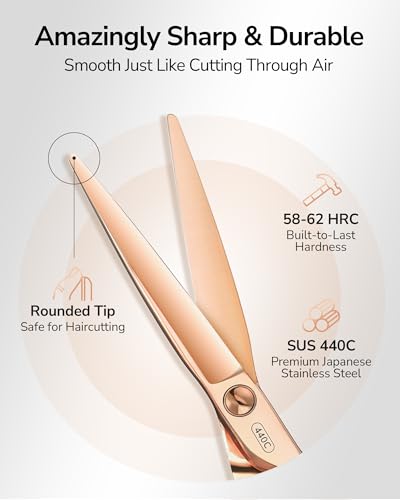 ULG Professional Hair Cutting Scissors with Luxury 18K Rose Gold Finish 6.5" Barber Scissors 440C Japanese Stainless Steel Hand-Honed Razor Sharp Blades Offset Handles Tension Adjustable, Right-Handed Rose Gold-6.5 Inch-right
