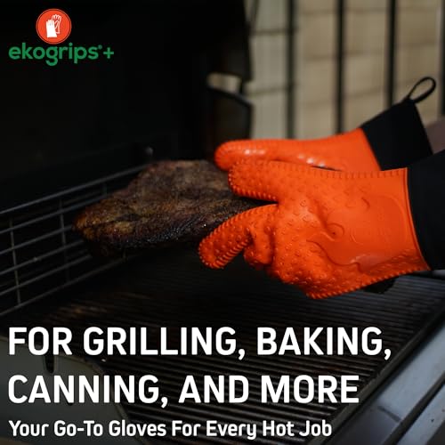 Ekogrips Plus Oven Gloves with Fingers, Comfy Waterproof Silicone Oven Mitts Heat Resistant with Long Cuff, Insulated BBQ Gloves Perfect for Grilling, Baking, Smoker, Canning, Pizza, Red, Hot Mitts OSFM