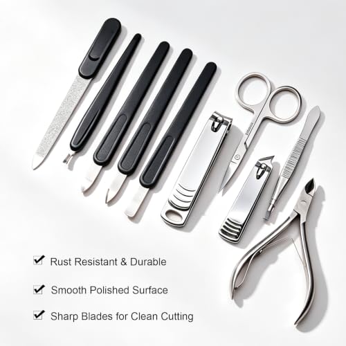 10 in 1 Manicure Pedicure Kit Carbon Steel Nail Clippers & Stainless Steel Grooming Tools, Portable Marble PU Leather Zipper Nail Care Set, Gift for Men Women,Gray Gray