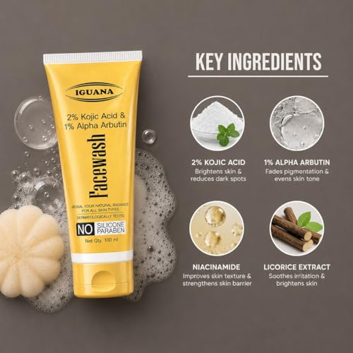 Iguana Skin Brightening Face Wash for Men & Women, Deep Cleansing Daily Face Cleanser, Helps Improve Dull & Uneven Looking Skin, Refreshing Glow Face Wash for All Skin Types, 100ml FACEWASH KOJIC