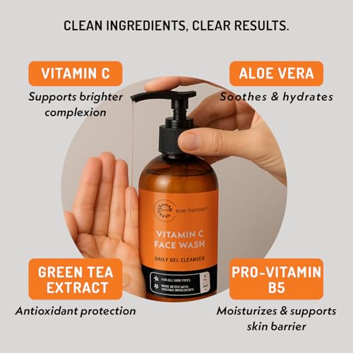 Eve Hansen Vitamin C Cleanser Face Wash - HUGE 8 oz Gentle Facial Cleansing Gel for Uneven Skin Tone, Age Spots and Fine Lines - Natural Face Soap with Aloe Vera, Green Tea, Ginseng 8 Fl Oz (Pack of 1)