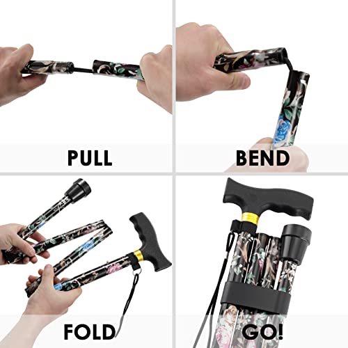 Walking Cane PANZHENG Cane for Man/Woman | Mobility & Daily Living Aids | 5-Level Height Adjustable Walking Stick | Comfortable Plastic T-Handle Portable Walking Stick Folding Cane Cane-Black print