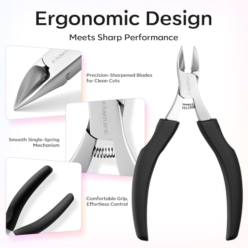 FAMILIFE Toe Nail Clippers for Thick Toenails, Professional Stainless Steel Ingrown Toenail Clippers, Sharp Durable Blades Pedicure Tools with Non-Slip Plastic Handle for Salon & Home Use Black 1 Pcs