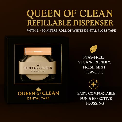 Queen of Clean Dispenser: Includes 2 x 54 Yard Roll of White Dental Floss Tape – Easy, Comfortable, Fun & Effective Flossing, PFAS-Free, Vegan-Friendly, Fresh Mint Flavour. Seriously Good Floss