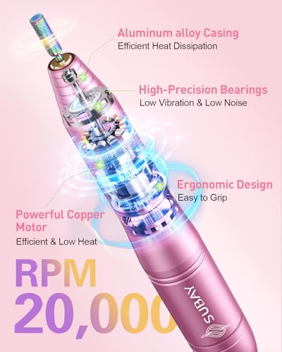 Electric Nail Drill 20000RPM Portable Nail File Nail for Acrylic Gel Nail Light Pink