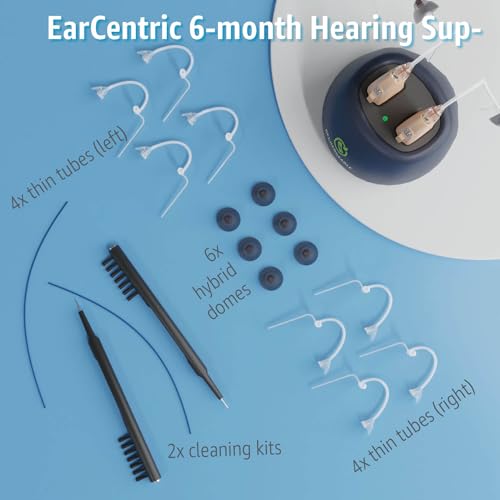 [6-Month Hearing Supplies] Hearing Aid Amplifier Accessories Kit, Ear Wax Removal Wires, Ear Cleaning Brushes, Silicone Ear Domes Earbuds, Transparent Slim Thin Tubes