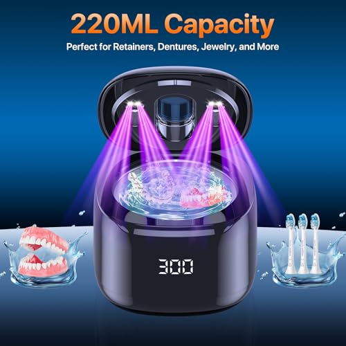 Ultrasonic Retainer Cleaner Machine, 49KHz 220ML Dental Cleaning Pod with Digital Timer, Deep Cleaning Ultrasonic Dentures Cleaner for Night Guards, Braces, Aligner, Toothbrush, Jewelry Black