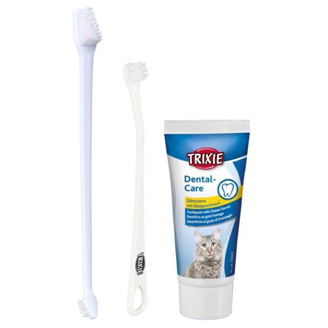 TRIXIE Dental Care Set for Cats | Double pack | 2 x 50g | For dental care in cats | Includes cheese flavored toothpaste and two toothbrushes with THREE different heads - BeesActive Australia