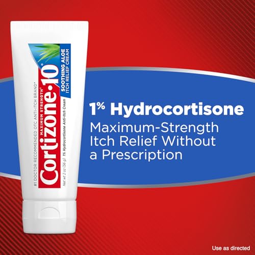 Cortizone-10 Maximum Strength Soothing Aloe Itch Relief Cream, 1% Hydrocortisone, Fast-Acting, Anti-Itch Cream for Bug Bites, Rash, Eczema, Psoriasis, Poison Ivy, Oak, Sumac & More, 2 oz 2 Ounce (Pack of 1)