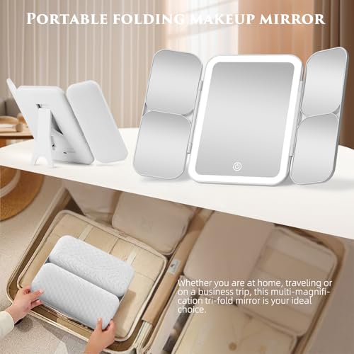 Tri-fold Vanity Mirror with Light,1X/5X/10X/20X/30X Makeup Magnifying Mirror with Lights,Rechargeable Travel Makeup Mirror with Foldable Stand,Dimmable in 3 Colors,Touch Control White