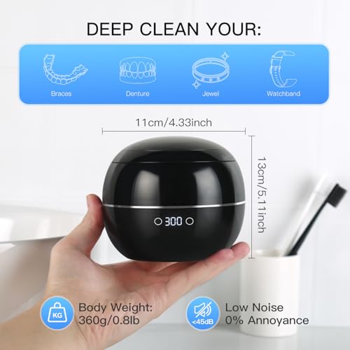 Dental Ultrasonic Retainer Cleaner Machine: 45kHz Dental Cleaning Pod for Denture, Aligner, Mouth Guard, Night Guard, Braces & Jewelry, UV Denture Cleaner with Digital Timer & Dual Mode 250ML Black
