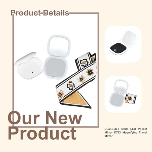 Makeup Mirror with Lights - Dual-Sided White LED Pocket Mirror, 1X/5X Magnifying Travel Mirror, 3 Light Modes, Rechargeable Handheld Mirror for On-The-Go Makeup, Grooming, and Gifts
