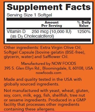 NOW Foods Supplements Vitamin D-3 10,000 IU Highest Potency Structural Support 200 Softgels Pack of 2 200 Count (Pack of 2)