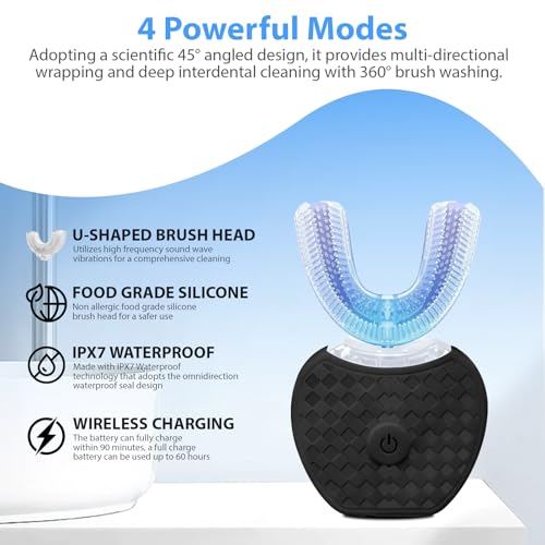 KUOLAO U-Shaped Toothbrush for Adults - 360° Teeth Whitening & Mouth Cleansing, Hands-Free Gums Protection - Fast Charging & LED Light - Waterproof IPX7