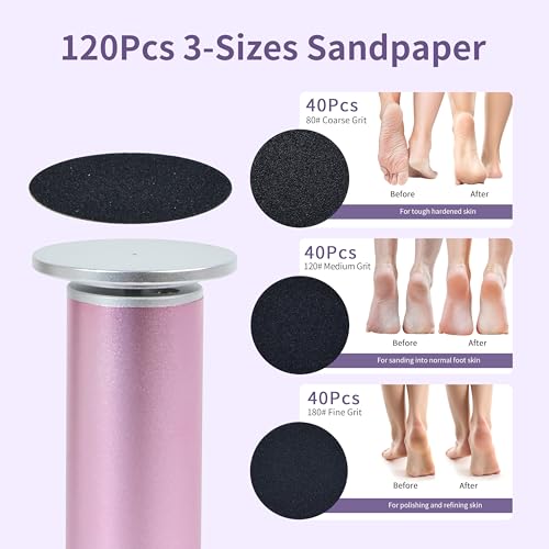 FancyJun Electric Foot Callus Remover with 120pcs Sandpaper Discs(3 Sizes), Professional 800RPM Aluminum 4.8 Inches Callus Remover for Feet, Stepless Speed Control for Dead Skin (Purple) Purple
