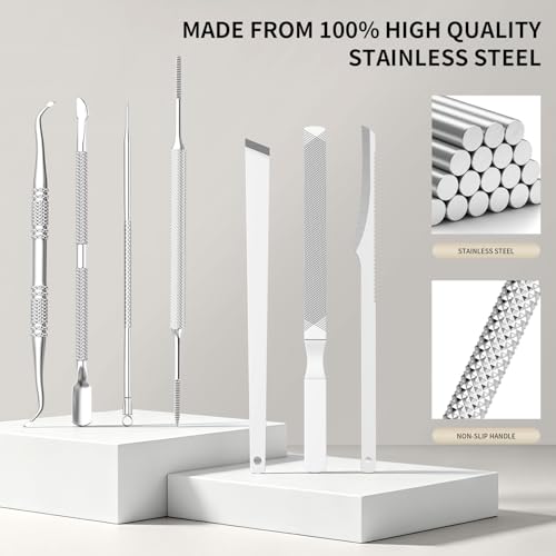 ZIZZON 7 Pcs Ingrown Toenail File and Lifters Set, Stainless Steel Ingrown Toenail Removal Kit, Under Nail Cleaner Pedicure Tools 7pcs