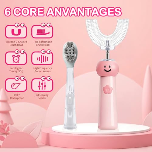 Kids U-Shaped Electric Toothbrush with 6 Brush Heads, Automatic 360° Sonic Cleaning, 3 Modes, IPX7 Waterproof, Cute Cartoon Design, Ages 6-12 (Pink) Pink