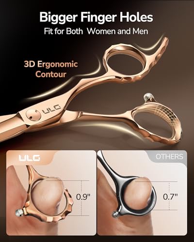 ULG Professional Hair Cutting Scissors with Luxury 18K Rose Gold Finish 6.5" Barber Scissors 440C Japanese Stainless Steel Hand-Honed Razor Sharp Blades Offset Handles Tension Adjustable, Right-Handed Rose Gold-6.5 Inch-right
