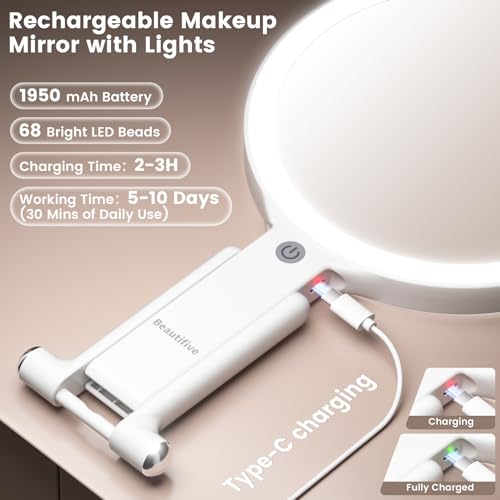 7.5" Large Travel Mirror with Light, Rechargeable 10X/1X Magnifying Mirror White