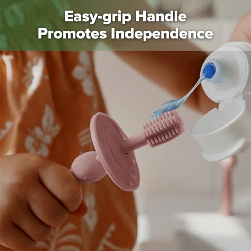 haakaa 360° Baby Toothbrush with Suction Base - Food-Grade Silicone, Adjustable Safety Shield - Blush+Lavender (2 PCS)
