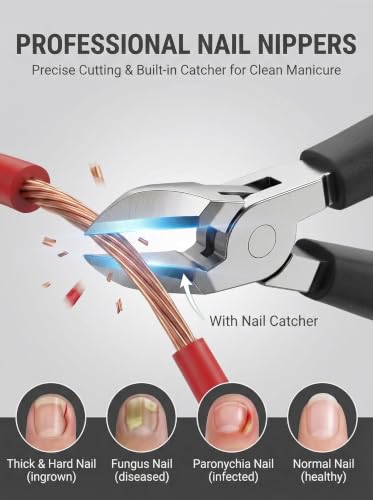 Nail Clippers Set for Seniors Thick Toenails, Ingrown 30° Slanted Eagle-Beak Clipper with Wide Jaw Opening, Anti-Splash Catcher, Long Handle Stainless Steel Kit for Men Women Adults Black