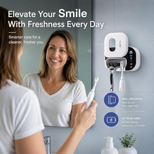 UV Toothbrush Sanitizer Holder, Wall Mounted Toothbrush Cleaner with UV Light, Touchless Wave Sensor Auto Inductive, Fan & Heated Drying, USB Rechargeable Toothbrush & Razor Holder White