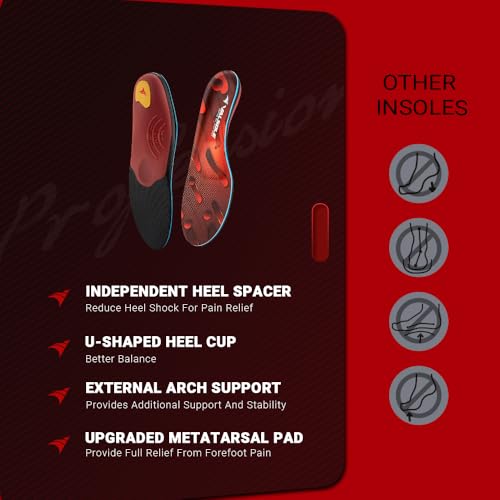 VALSOLE 250+ lbs Plantar Fasciitis High Arch Support Insole for Men Women,Heavy Duty Support Pain Relief Orthotics Insert,Relieve Flat Feet,High Arch,Foot Pain,Standing All Day Boot Work Shoe Insole MEN 10-10 1/2 | WOMEN 12-12 1/2--(290mm) Red