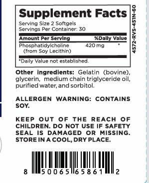 Phosphatidylcholine Choline Supplement 420mg - Liver, Brain & Cell Health | From Soy Lecithin, Phospholipid Complex, 60 Softgels - 30 Day Supply, Non-GMO, Easy to Swallow, Natural Choline Source